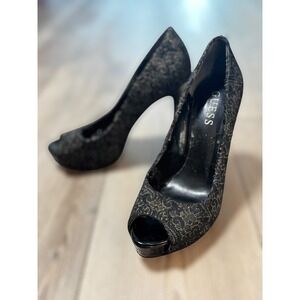 Guess y2k Womens Black Gold Metallic Brocade Peep Toe Platform Stiletto Pumps 6M